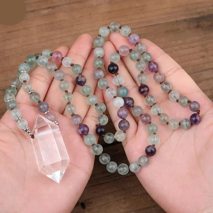 Natural Rainbow Fluorite & Clear Quartz Double Point Pendant Necklace
