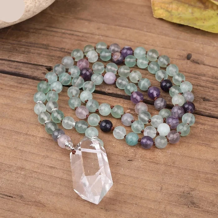 Natural Rainbow Fluorite & Clear Quartz Double Point Pendant Necklace