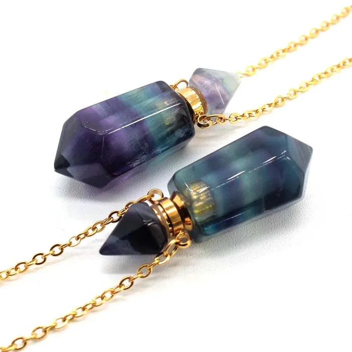 Natural Rainbow Fluorite Potion Bottle Pendulum Necklace