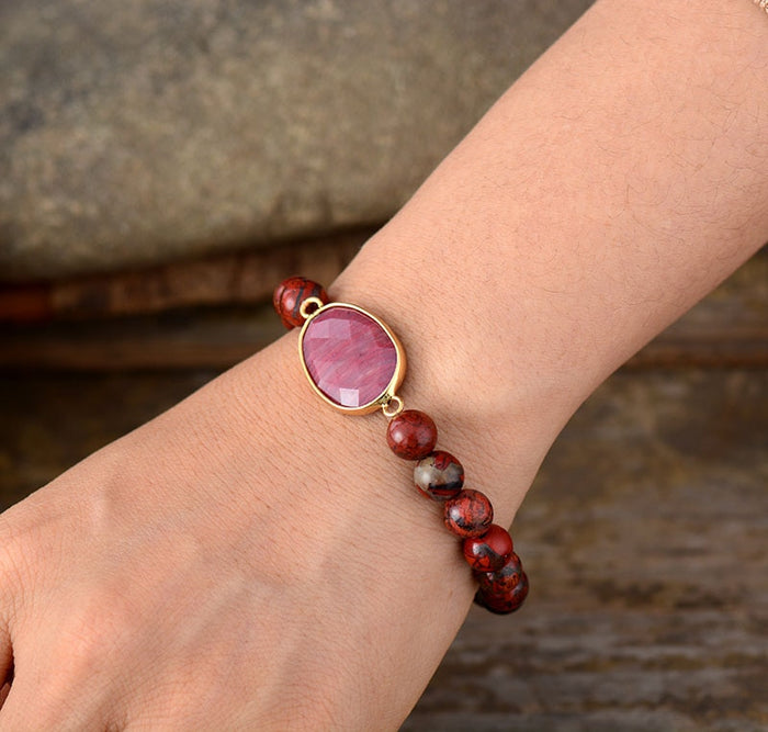 Natural Red Jasper Beaded Bracelet with Rhodonite Stone Charm