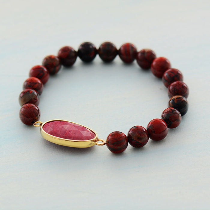 Natural Red Jasper Beaded Bracelet with Rhodonite Stone Charm
