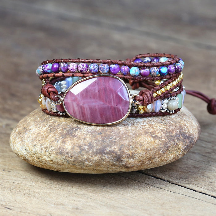 Natural Rhodonite & Jasper Leather Wrap Bracelet