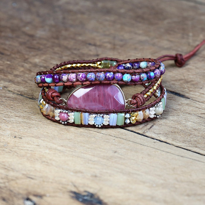 Natural Rhodonite & Jasper Leather Wrap Bracelet