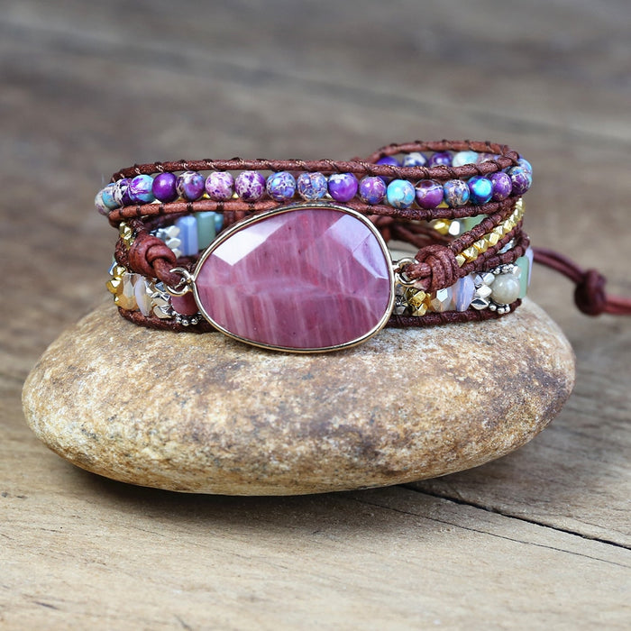 Natural Rhodonite & Jasper Leather Wrap Bracelet