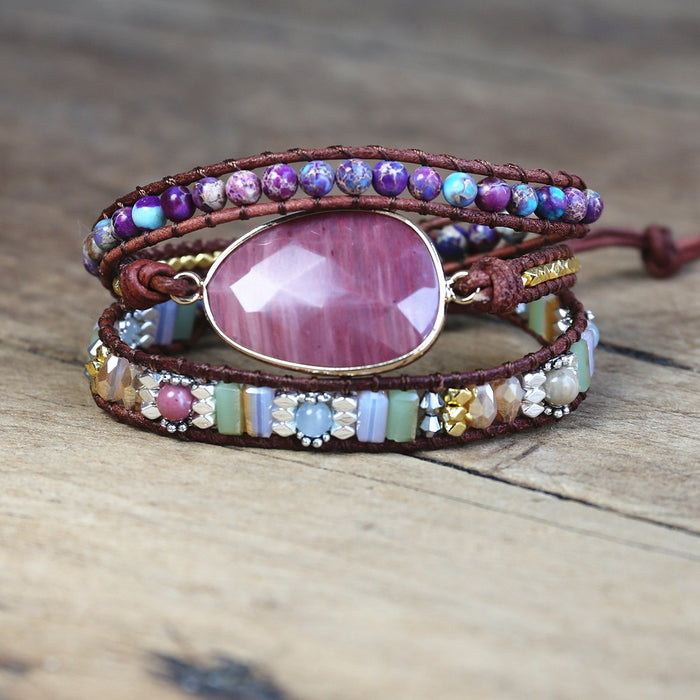 Natural Rhodonite & Jasper Leather Wrap Bracelet