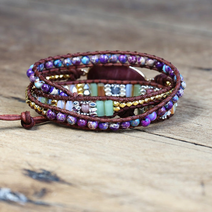 Natural Rhodonite & Jasper Leather Wrap Bracelet