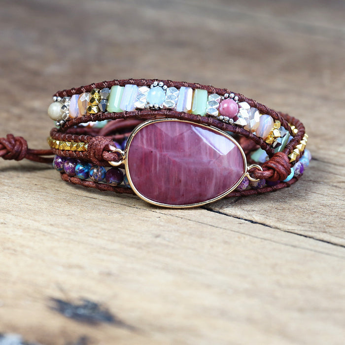 Natural Rhodonite & Jasper Leather Wrap Bracelet