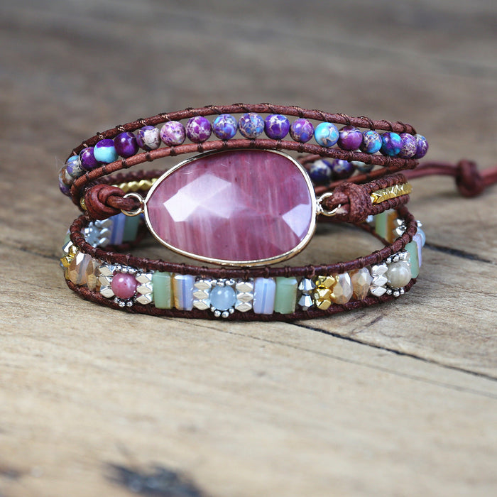Natural Rhodonite & Jasper Leather Wrap Bracelet