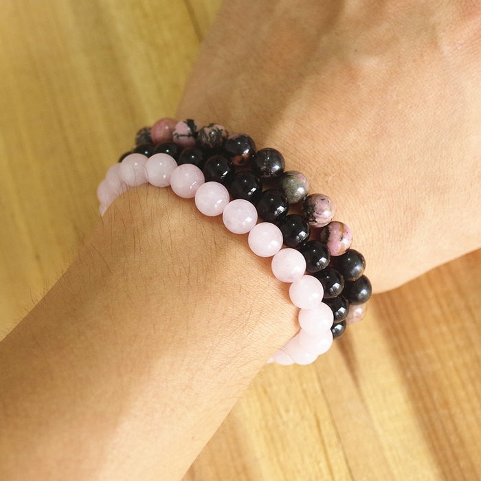 Natural Rhodonite, Rose Quartzs & Black Onyx Beaded Bracelet Set
