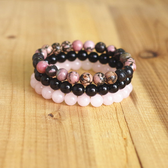 Natural Rhodonite, Rose Quartzs & Black Onyx Beaded Bracelet Set