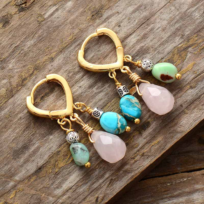 Natural Rose Quartz, Jade & Turquoise Jasper Earrings