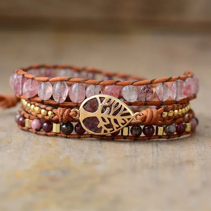 Natural Strawberry Quartz & Rhodonite Wrap Bracelet