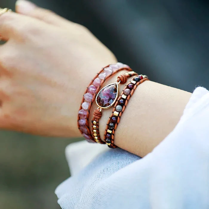 Natural Strawberry Quartz & Rhodonite Wrap Bracelet