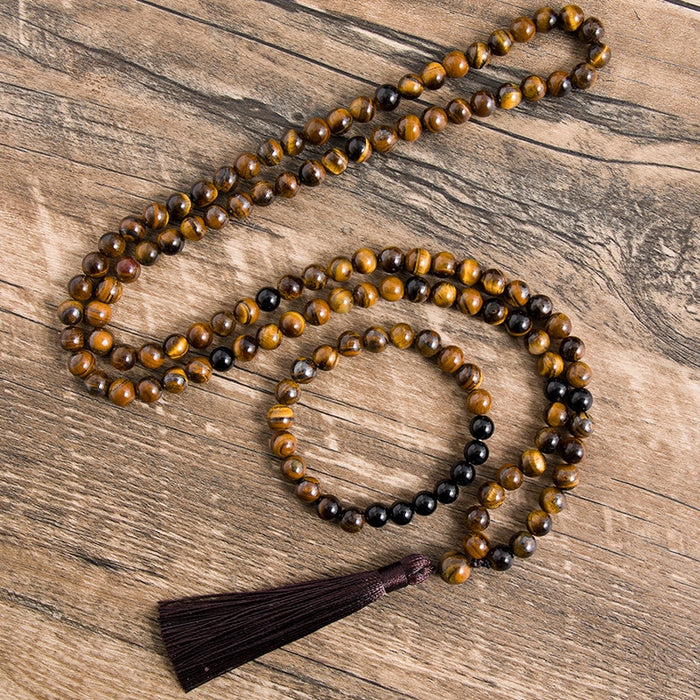 Natural Tiger Eye and Black Onyx 108 Mala Beads Necklace
