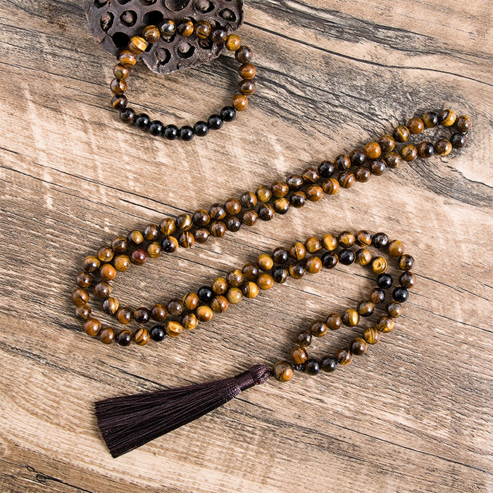 Natural Tiger Eye and Black Onyx 108 Mala Beads Necklace