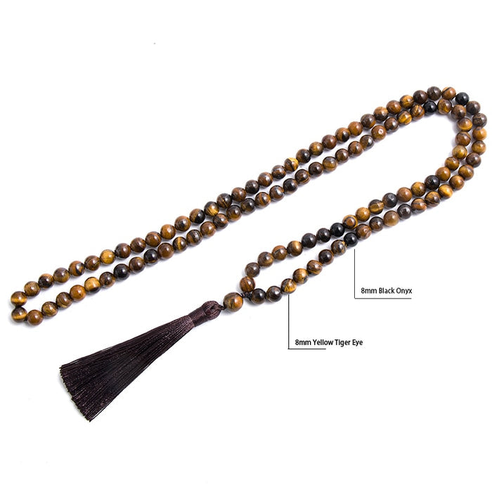 Natural Tiger Eye and Black Onyx 108 Mala Beads Necklace