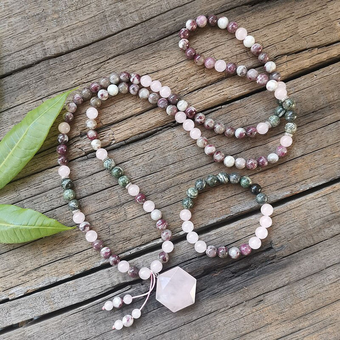 Natural Tourmaline, Rose Quartz & Turquoise 108 Beads Mala Necklace / Bracelet