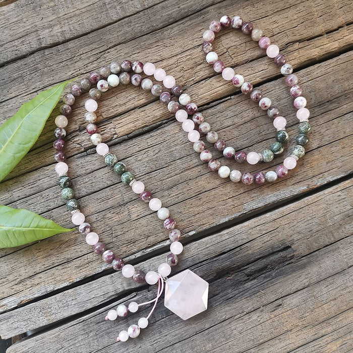 Natural Tourmaline, Rose Quartz & Turquoise 108 Beads Mala Necklace / Bracelet