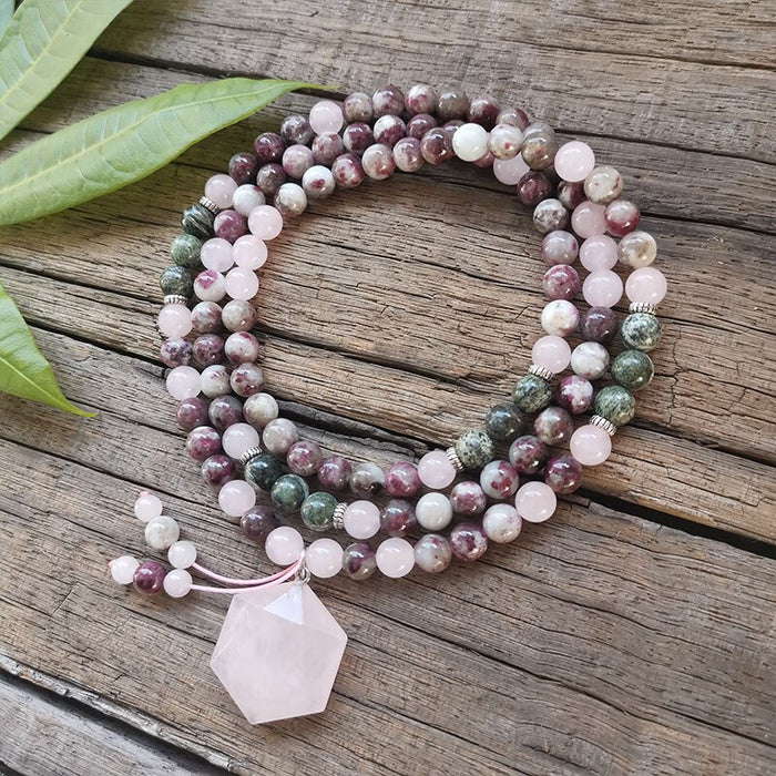 Natural Tourmaline, Rose Quartz & Turquoise 108 Beads Mala Necklace / Bracelet