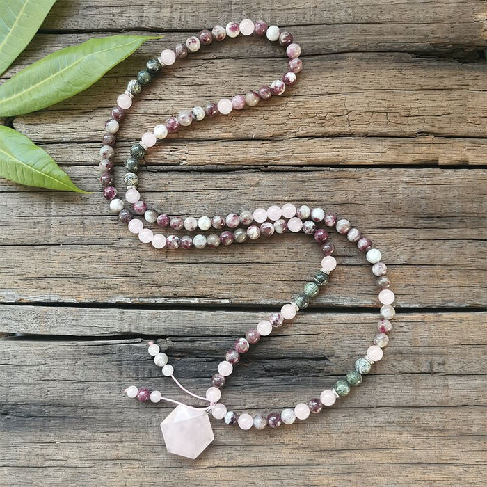 Natural Tourmaline, Rose Quartz & Turquoise 108 Beads Mala Necklace / Bracelet