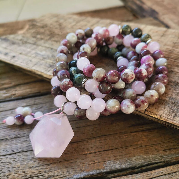 Natural Tourmaline, Rose Quartz & Turquoise 108 Beads Mala Necklace / Bracelet