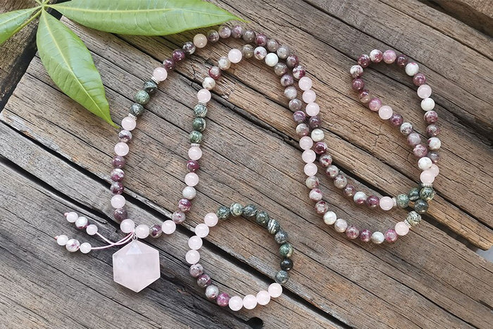Natural Tourmaline, Rose Quartz & Turquoise 108 Beads Mala Necklace / Bracelet