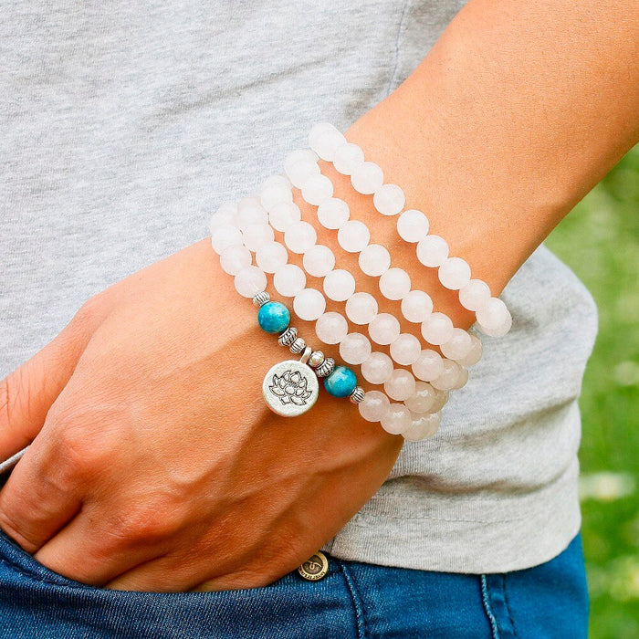 Natural White Quartz & Apatite 108 Mala Beads Necklace / Bracelet