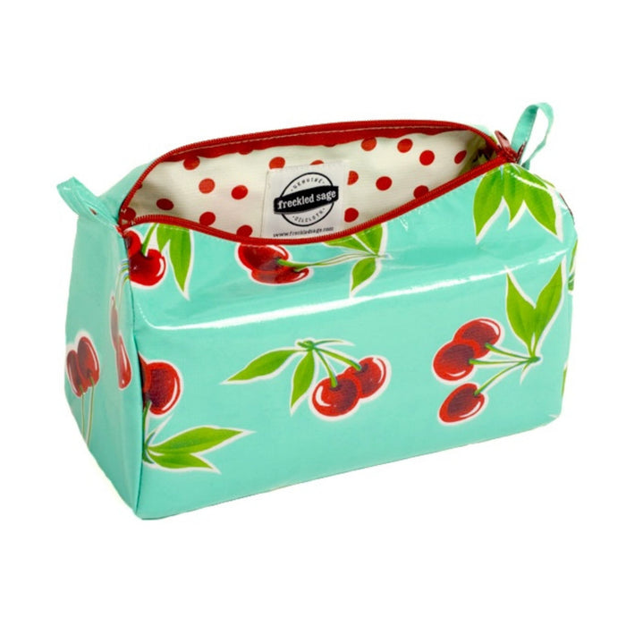 freckled sage cherry aqua oilcloth travel bag