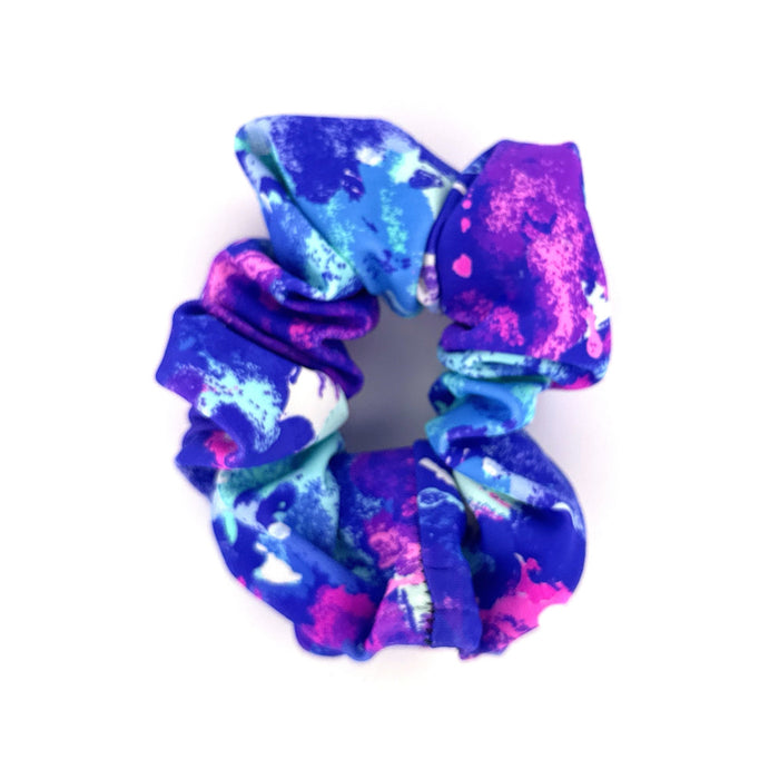 Blue and purple stash scrunchie on a white background