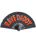 Rave Daddy hand fan black geometric background bold red lettering open view