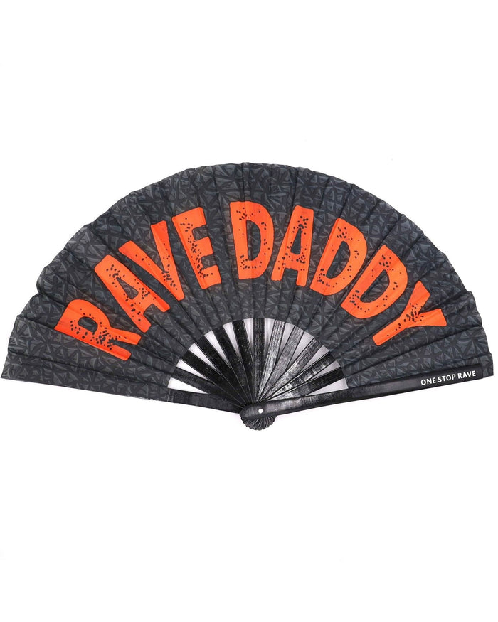 Rave Daddy hand fan black geometric background bold red lettering open view