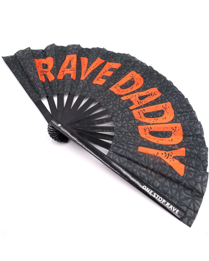 Rave Daddy hand fan angled view black red geometric design