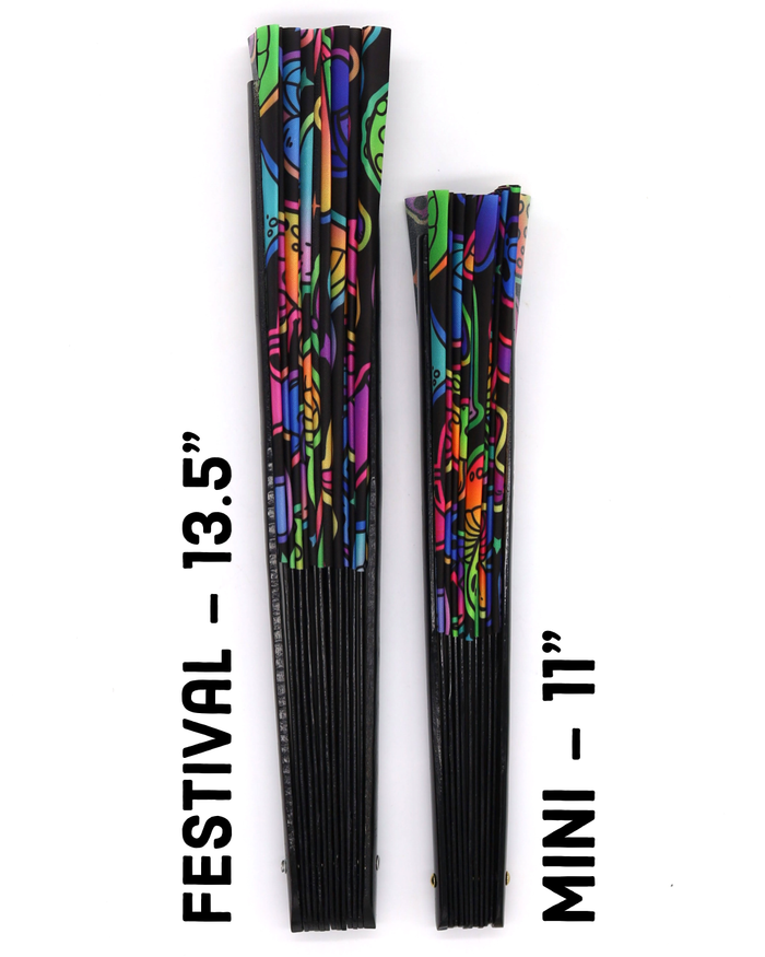 Rave Daddy hand fan festival and mini size comparison