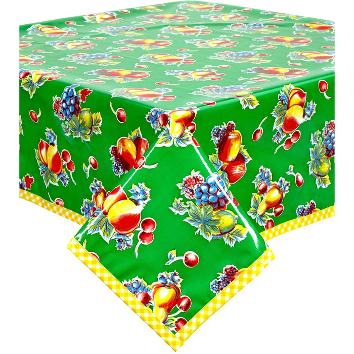 freckled sage retro green oilcloth tablecloth with yellow gingham trim