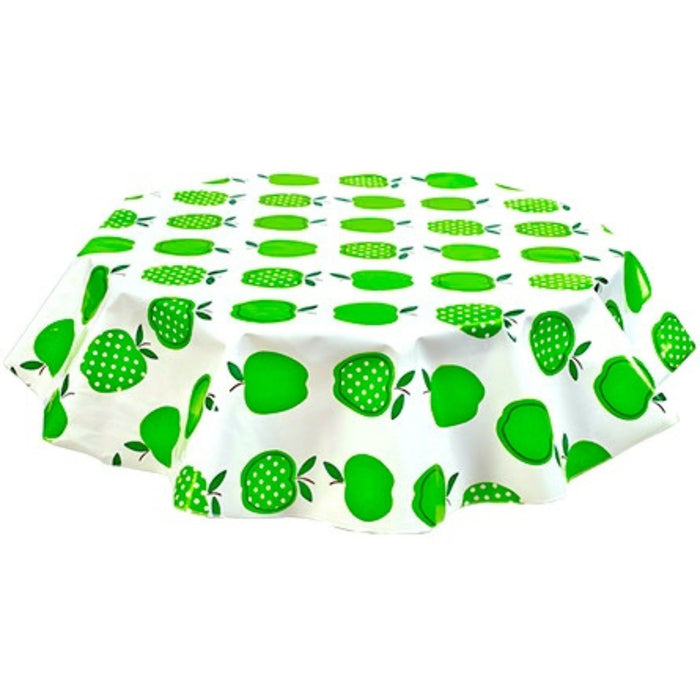 freckled sage round apples and dots lime green oilcloth tablecloth