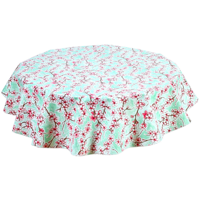 freckled sage round cherry blossom aqua oilcloth tablecloth
