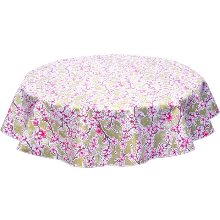 freckled sage round cherry blossom gold oilcloth tablecloth