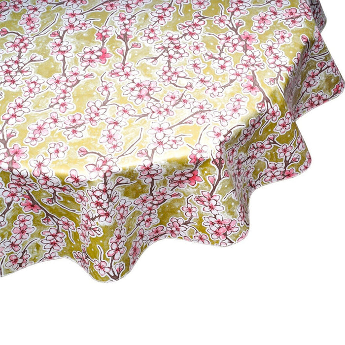 freckled sage round cherry blossom gold oilcloth tablecloth