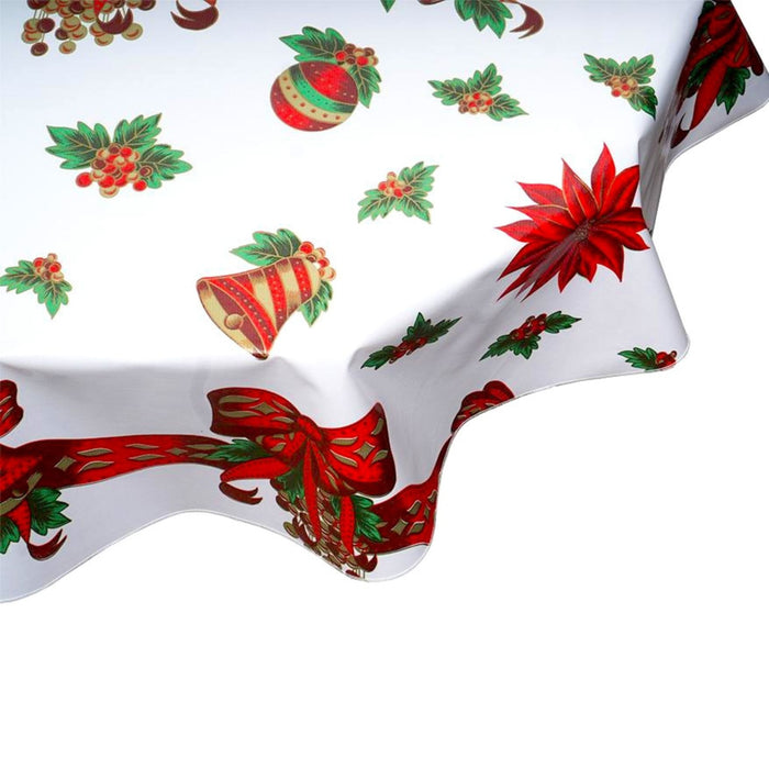 freckled sage round christmas bells and bows white oilcloth tablecloth