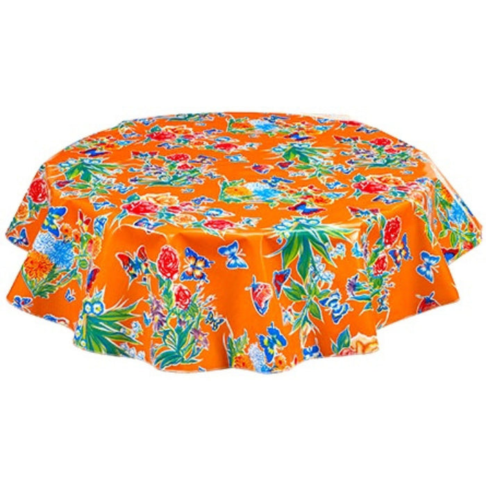 freckled sage round edgar's butterfly orange oilcloth tablecloth