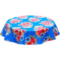 freckled sage round flowers on blue oilcloth tablecloth