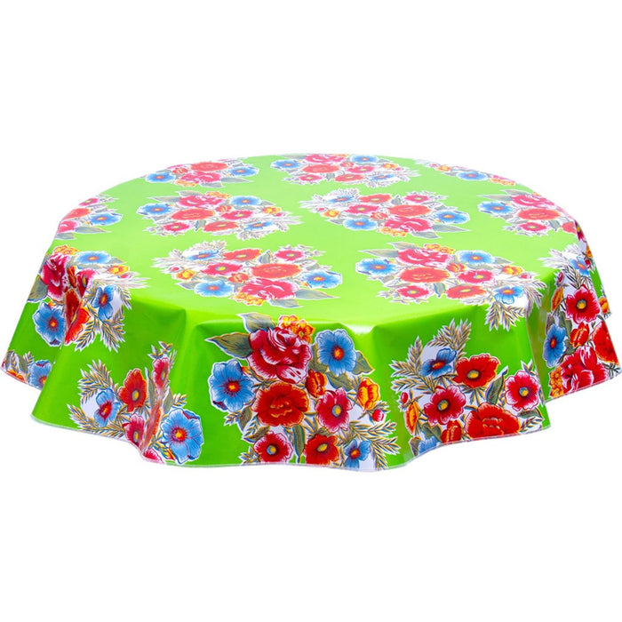 freckled sage round flowers on lime green oilcloth tablecloth