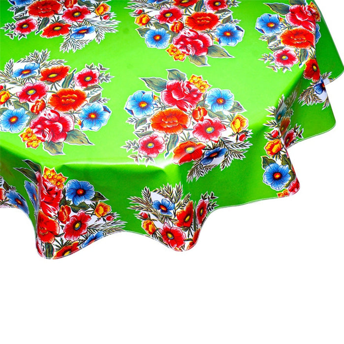 freckled sage round flowers on lime green oilcloth tablecloth