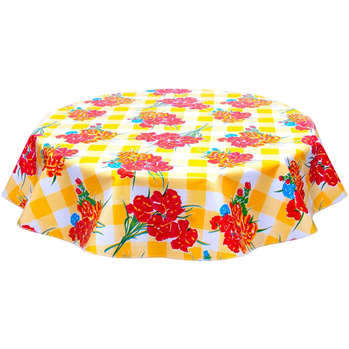 freckled sage round gingham and flowers yellow oilcloth tablecloth