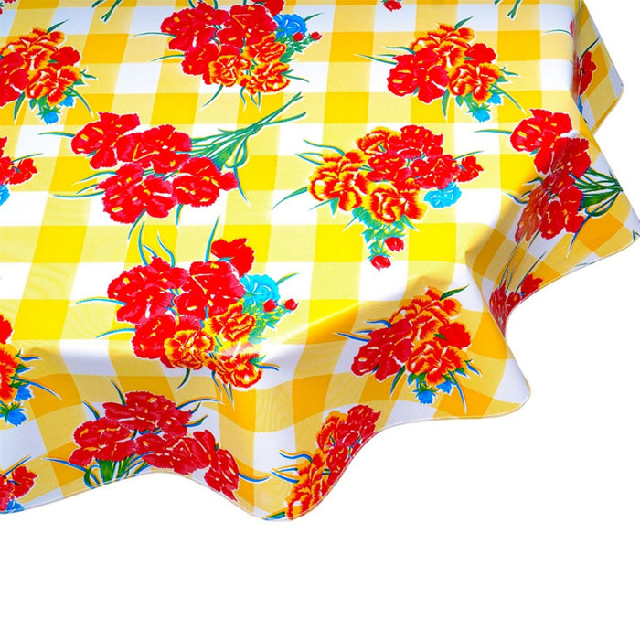 freckled sage round gingham and flowers yellow oilcloth tablecloth