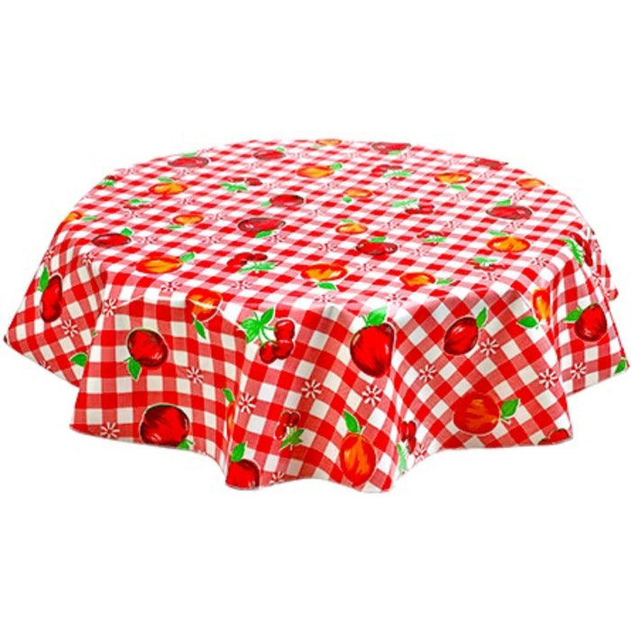 freckled sage round gingham and fruit red oilcloth tablecloth