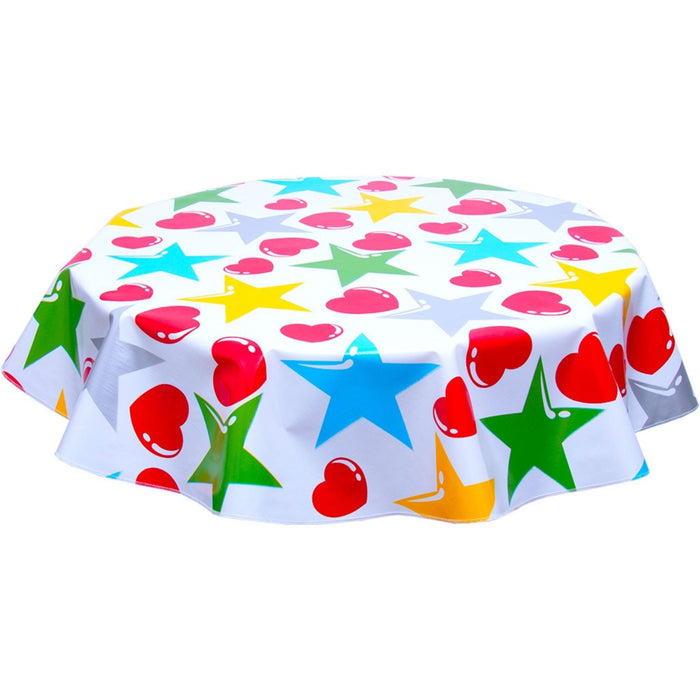 freckled sage round hearts and stars red and silver oilcloth tablecloth