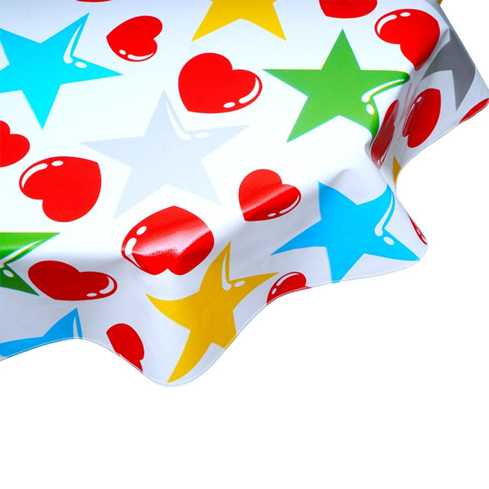 freckled sage round hearts and stars red and silver oilcloth tablecloth