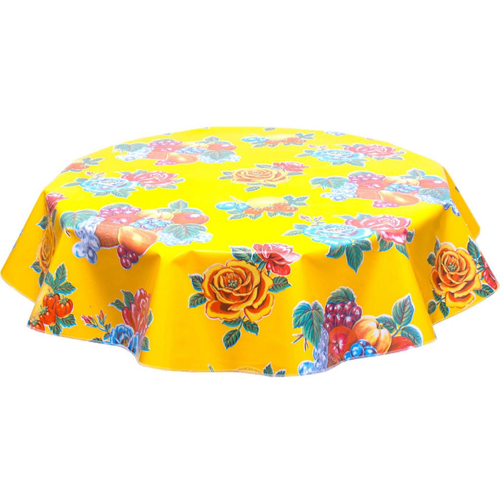 freckled sage round lemons and roses yellow oilcloth tablecloth
