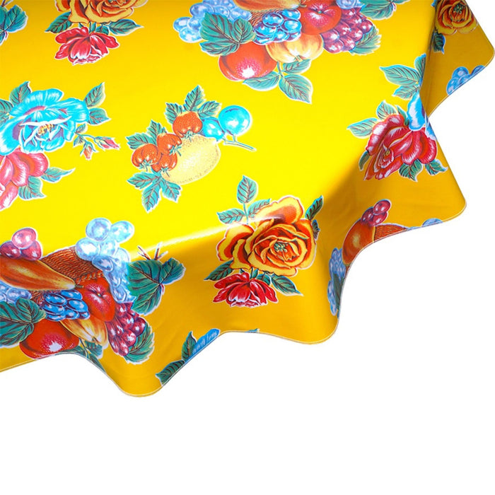 freckled sage round lemons and roses yellow oilcloth tablecloth